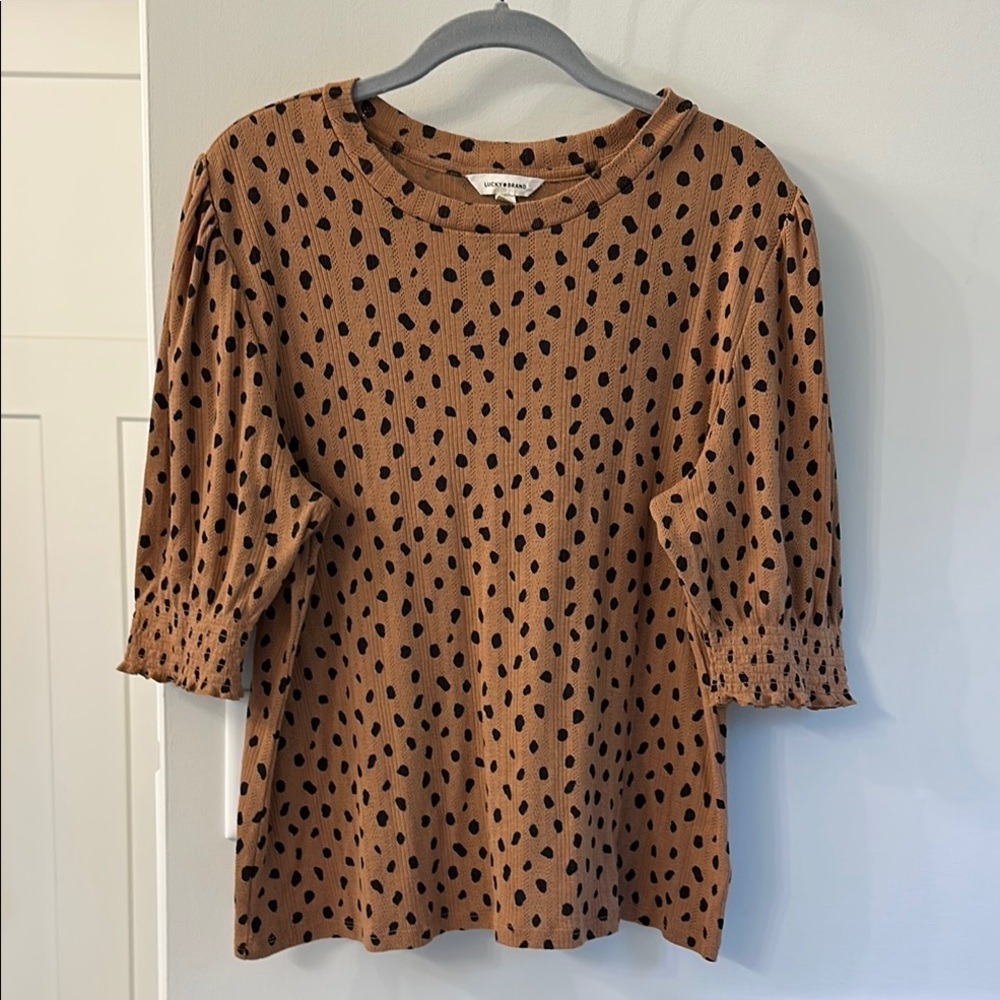 Lucky Brand Tan Black Polka Dot Pointelle Rib Puff Sleeve Smocked Knit Top L